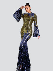 Backless Bell Sleeve Sequin Formal Dress