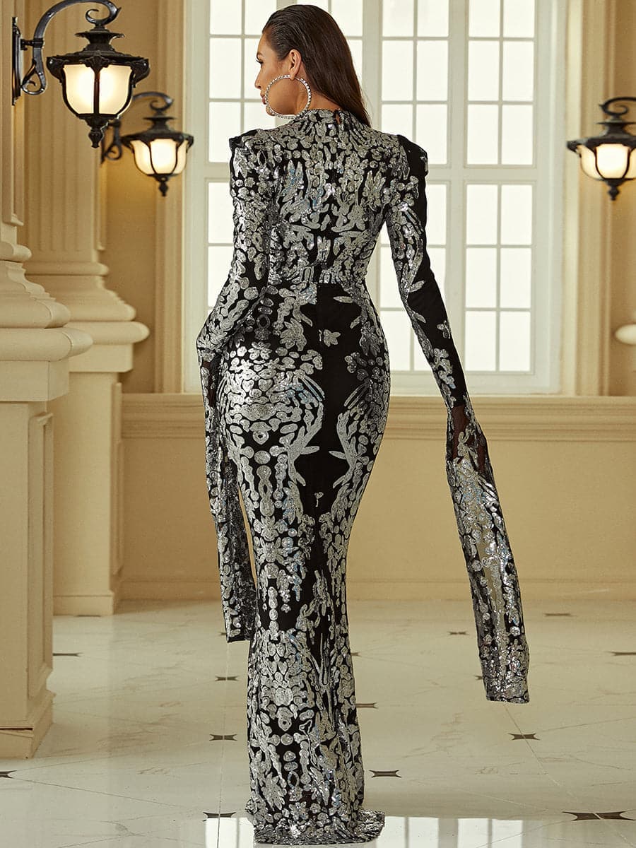 Stand Collar Long Sleeve Mermaid Sequin Prom Dress