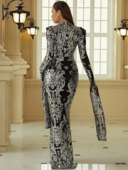 Stand Collar Long Sleeve Mermaid Sequin Prom Dress