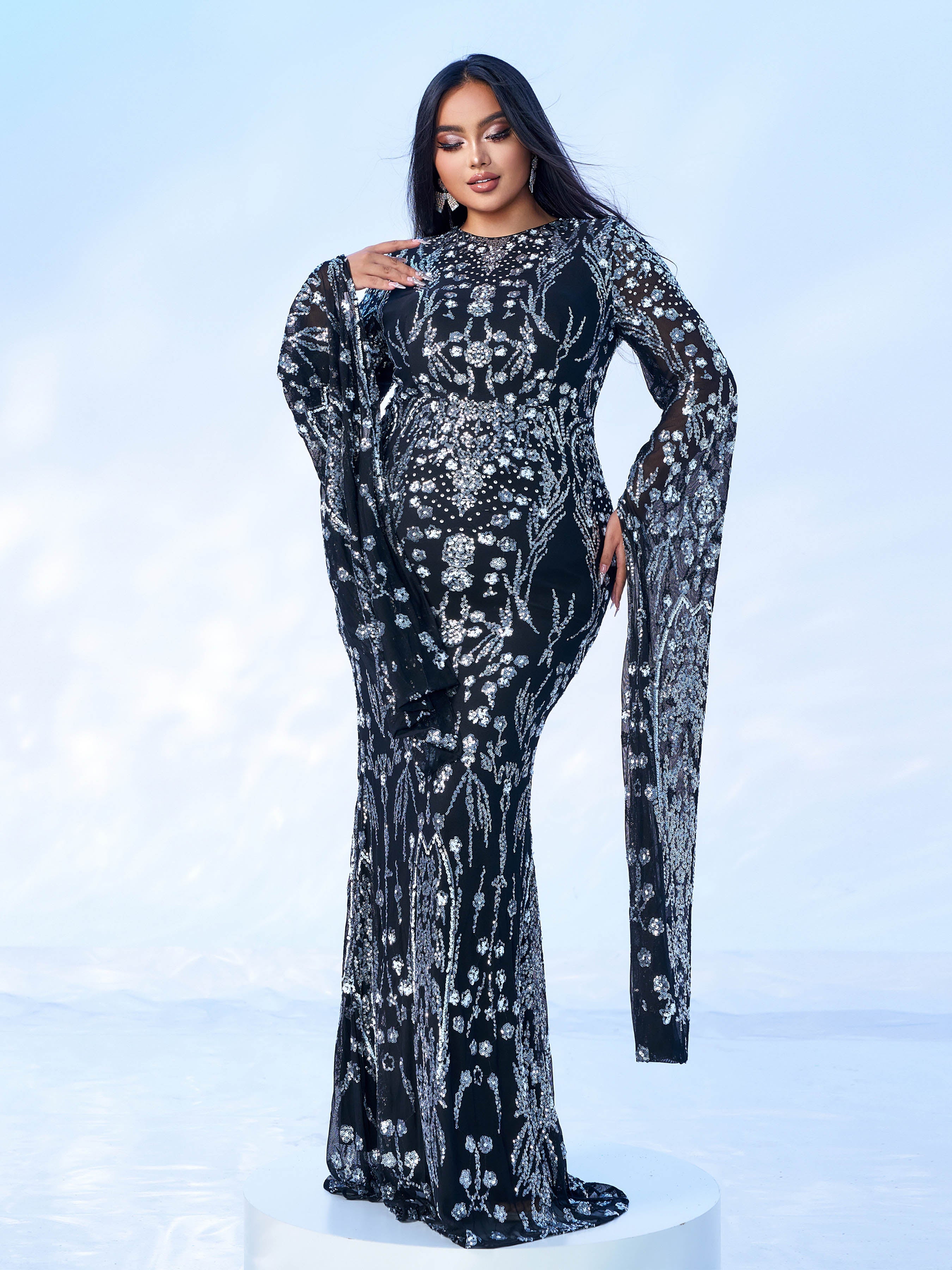 Plus Long Sleeve Mermaid Sequin Maxi Dress