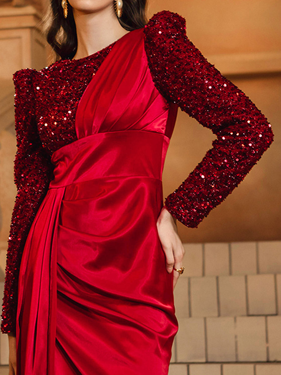 Red Panel Split Ruched Long Sleeve Prom Dress