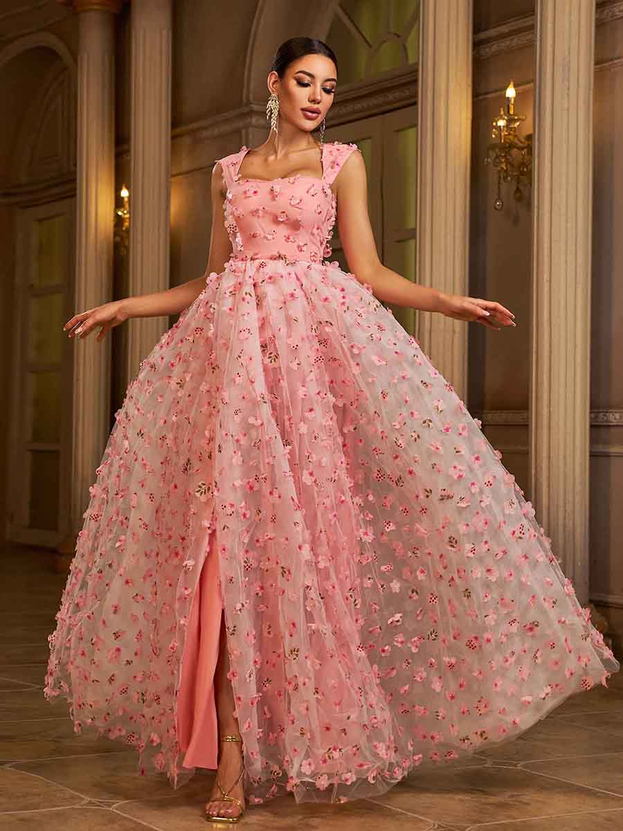 Appliqued Pink Camisole Floral Tulle Dress