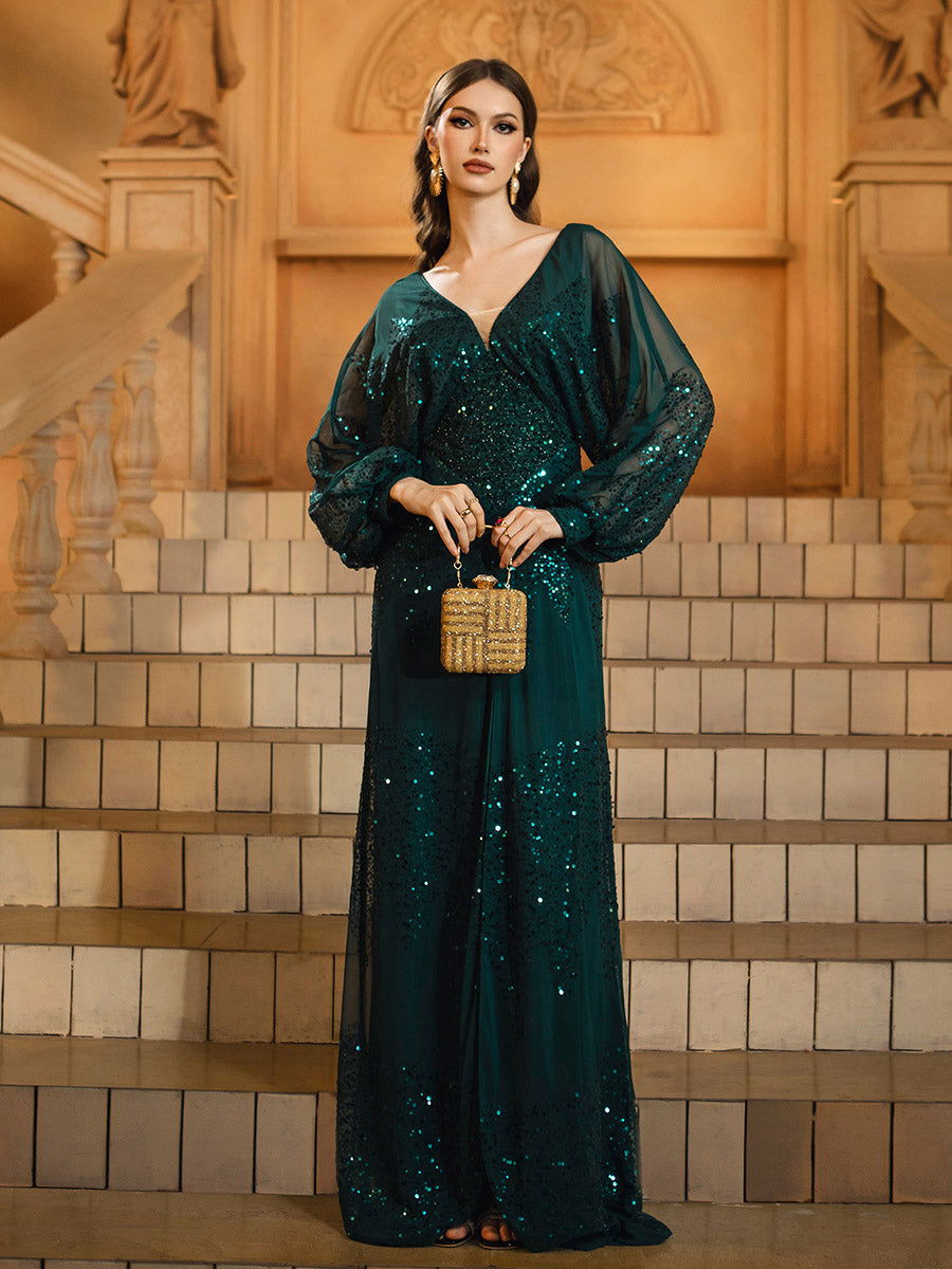 Lantern Sleeve V-Neck High Split Black Prom Dress