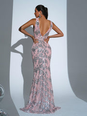 V-neck Floral Sequin Mermaid Dress