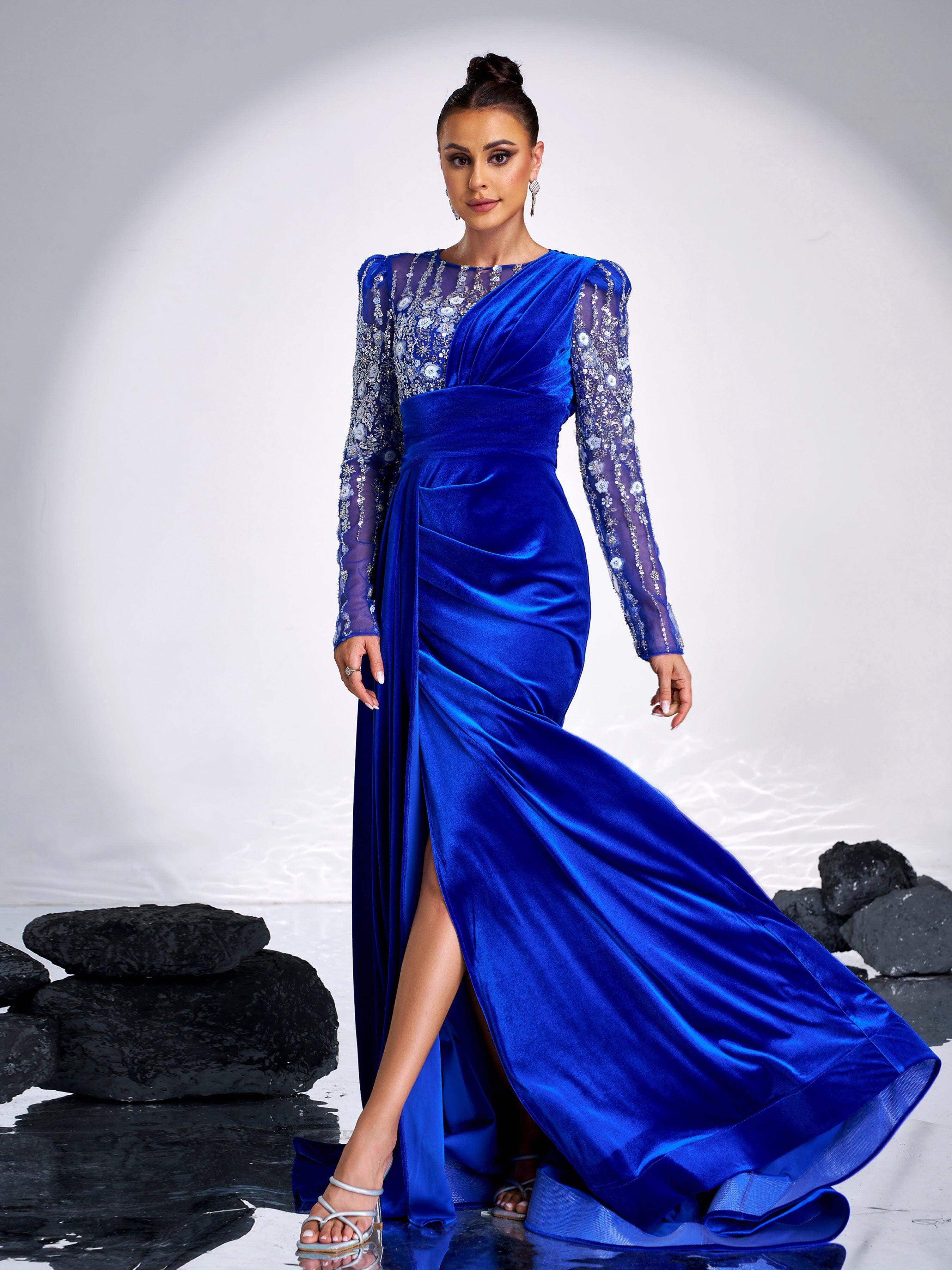 Floral Beaded Pleated Floor Length Velvet Gown