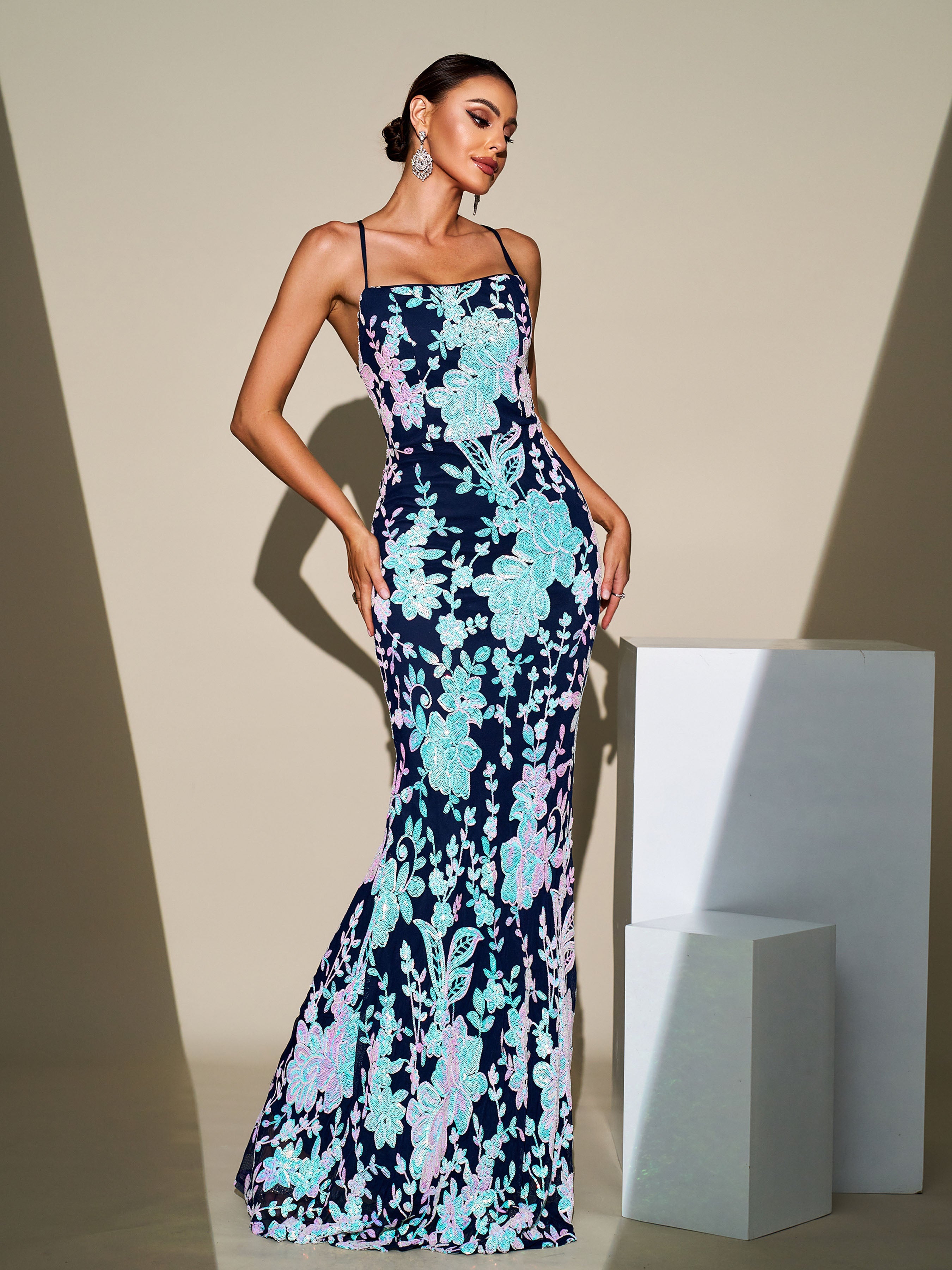 Open Back Lace-up Floral Sequin Dress