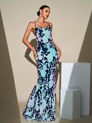 Open Back Lace-up Floral Sequin Dress