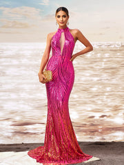 Pink Mermaid Sequin Floor Length Deep V Dress
