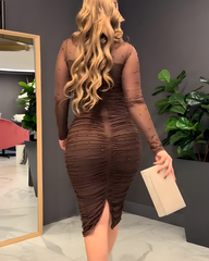 Mesh Long Sleeve Beaded Bodycon Midi Dress
