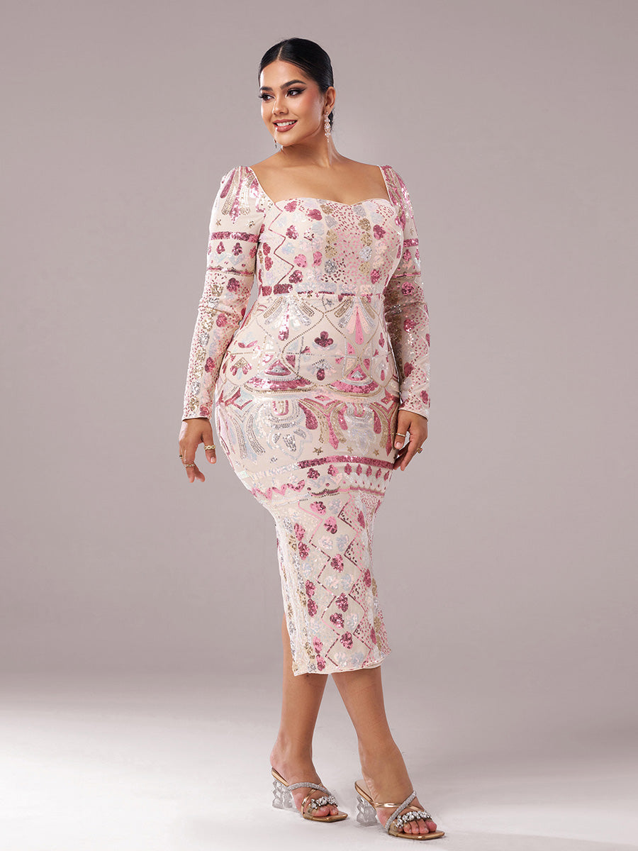 Plus Square Neck Sequin Split Midi Dress