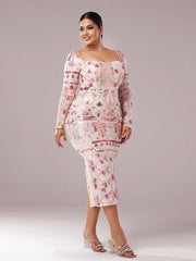 Plus Square Neck Sequin Split Midi Dress