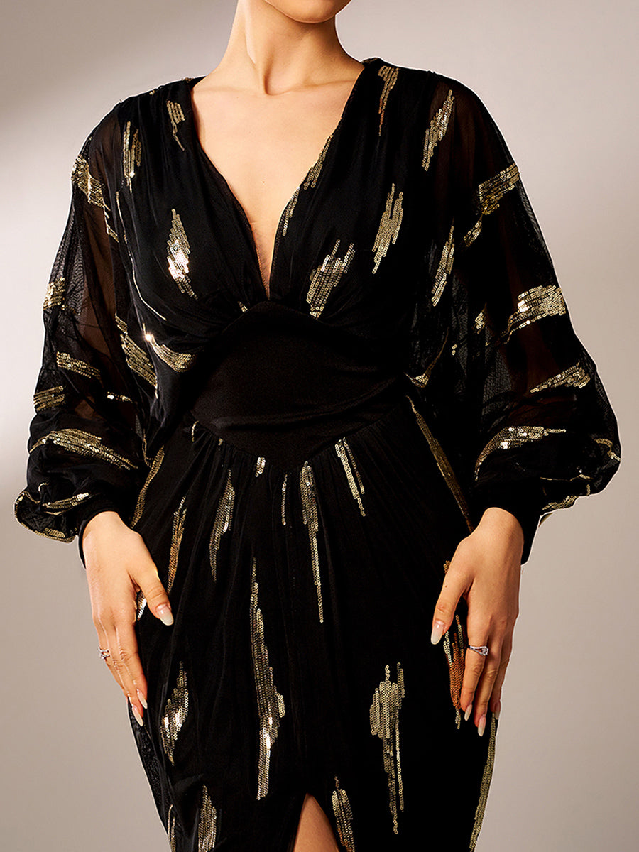 Elegant Lantern Sleeve Sequin Prom Dress