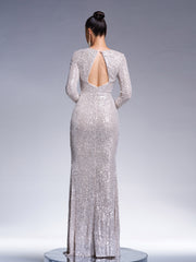 Long Sleeve Backless Sequin Dress