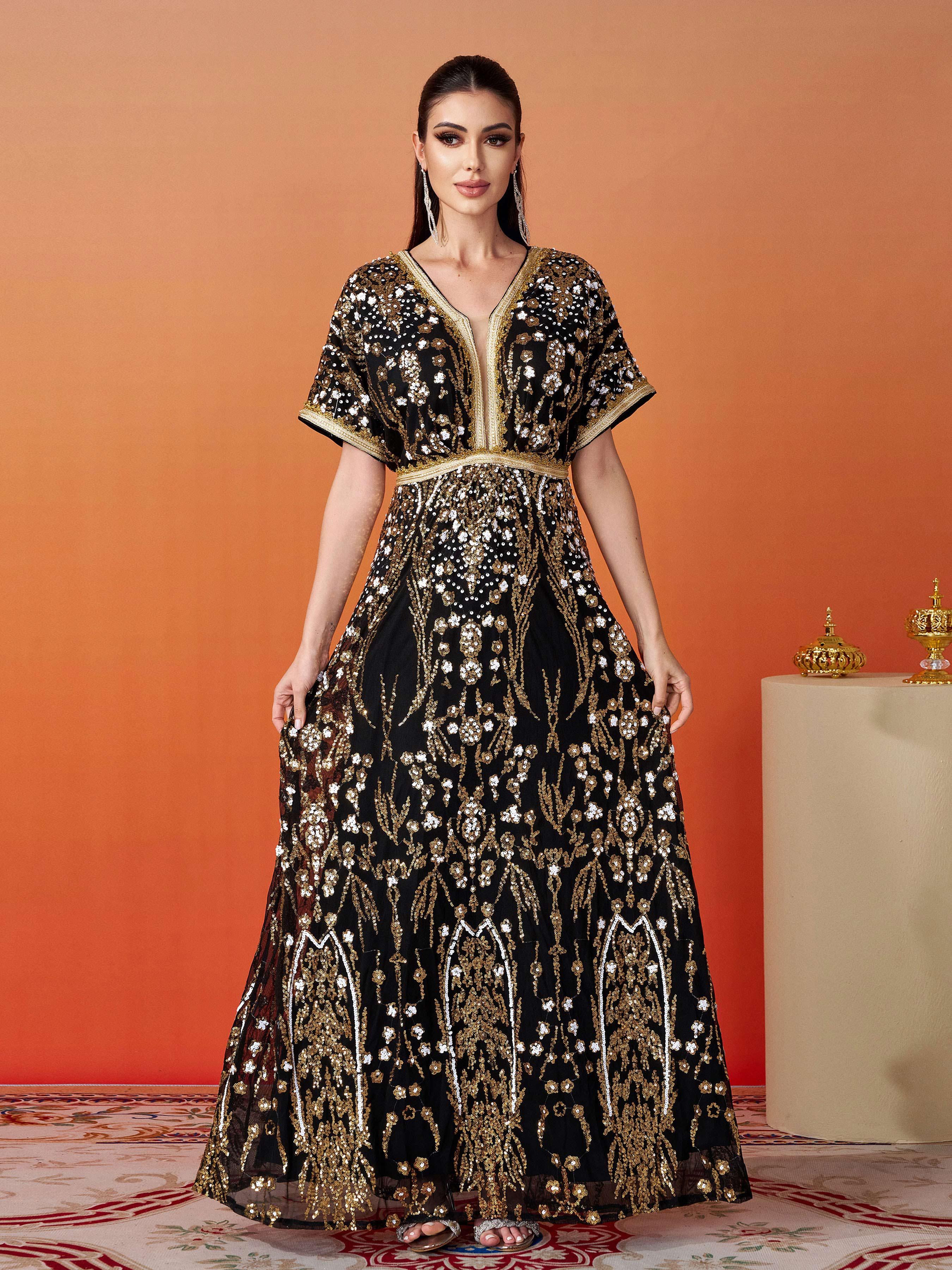 Short Sleeve A-Line Sequin Maxi Dress