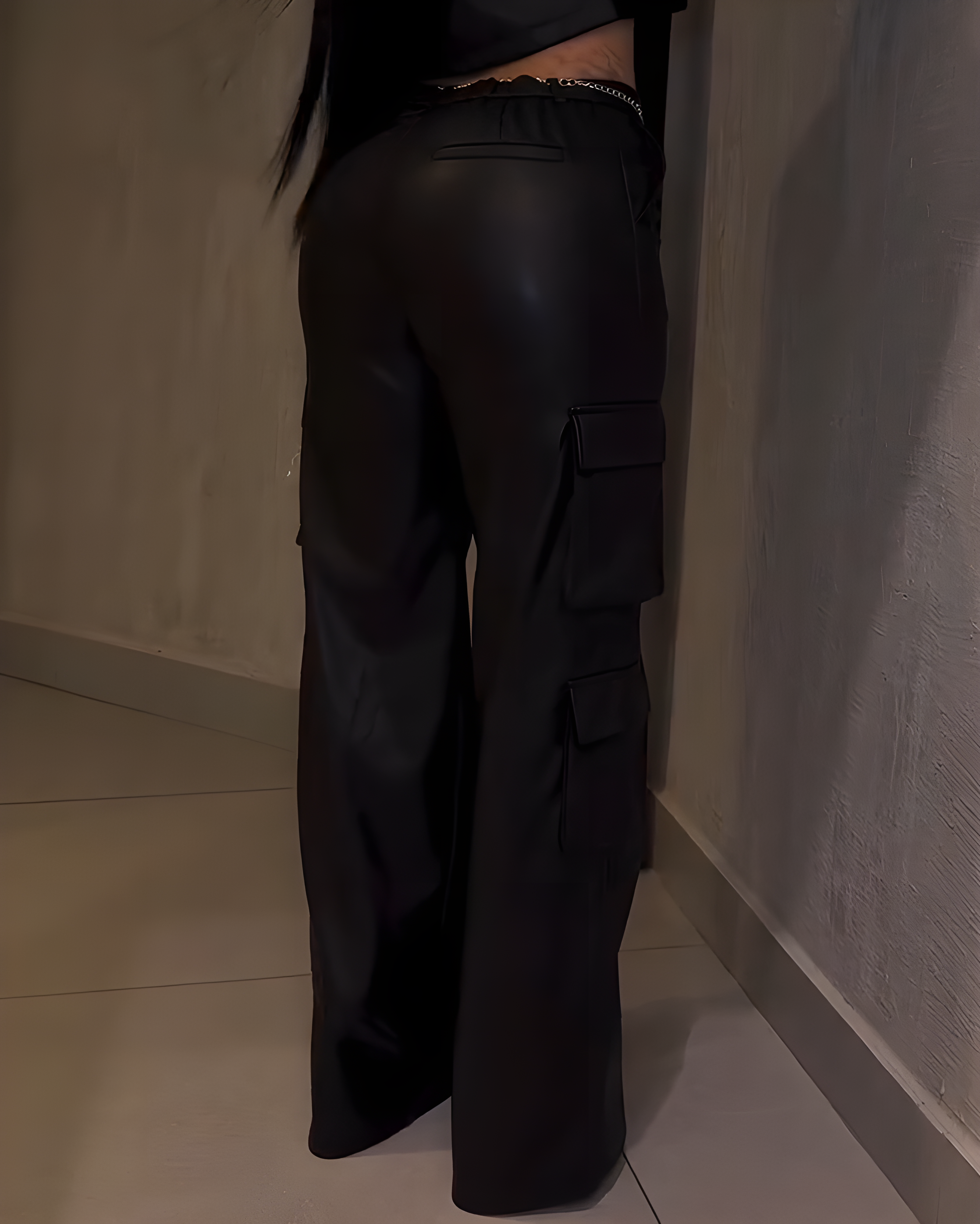 Cargo Style Wide-Leg Leather Pants