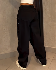 Sparkling Rhinestone Wide-Leg Jeans