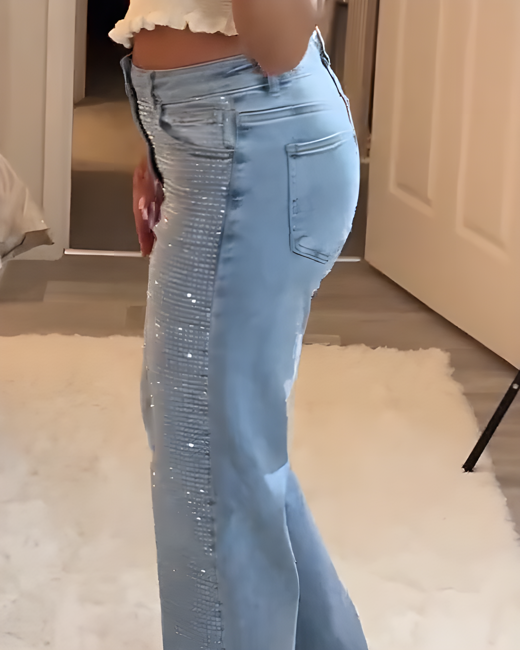 High-Waisted Rhinestone Straight-Leg Jeans