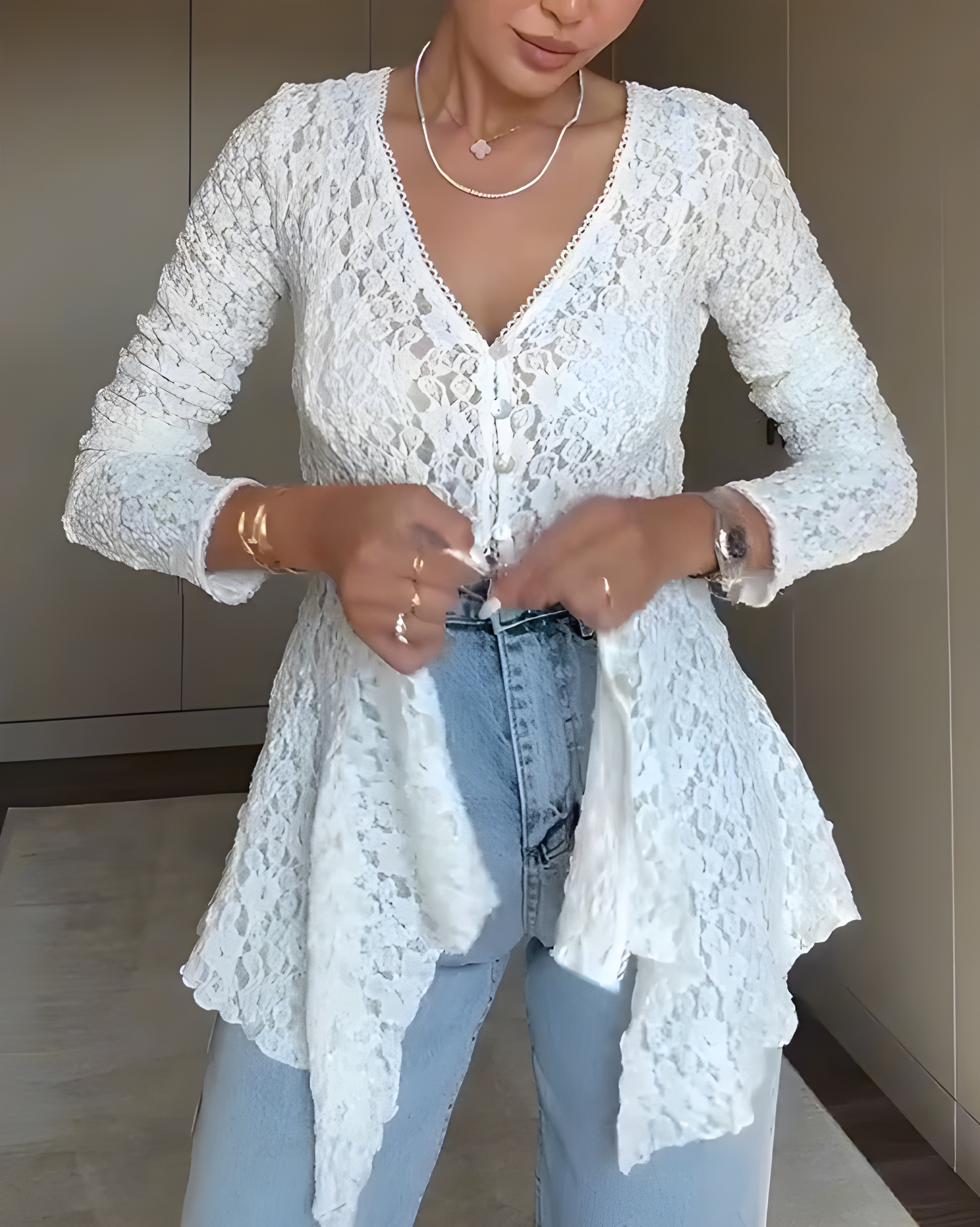 Hollow Lace Long-Sleeved Top