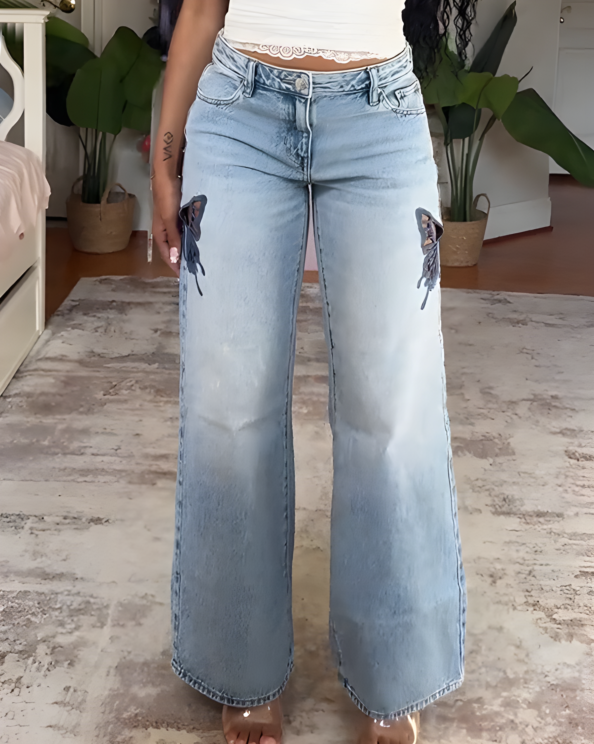 Butterfly Cutout Slim-Fit Straight Jeans