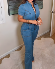 Short-Sleeved Slim-Fit Front Zip Denim Jumpsuit