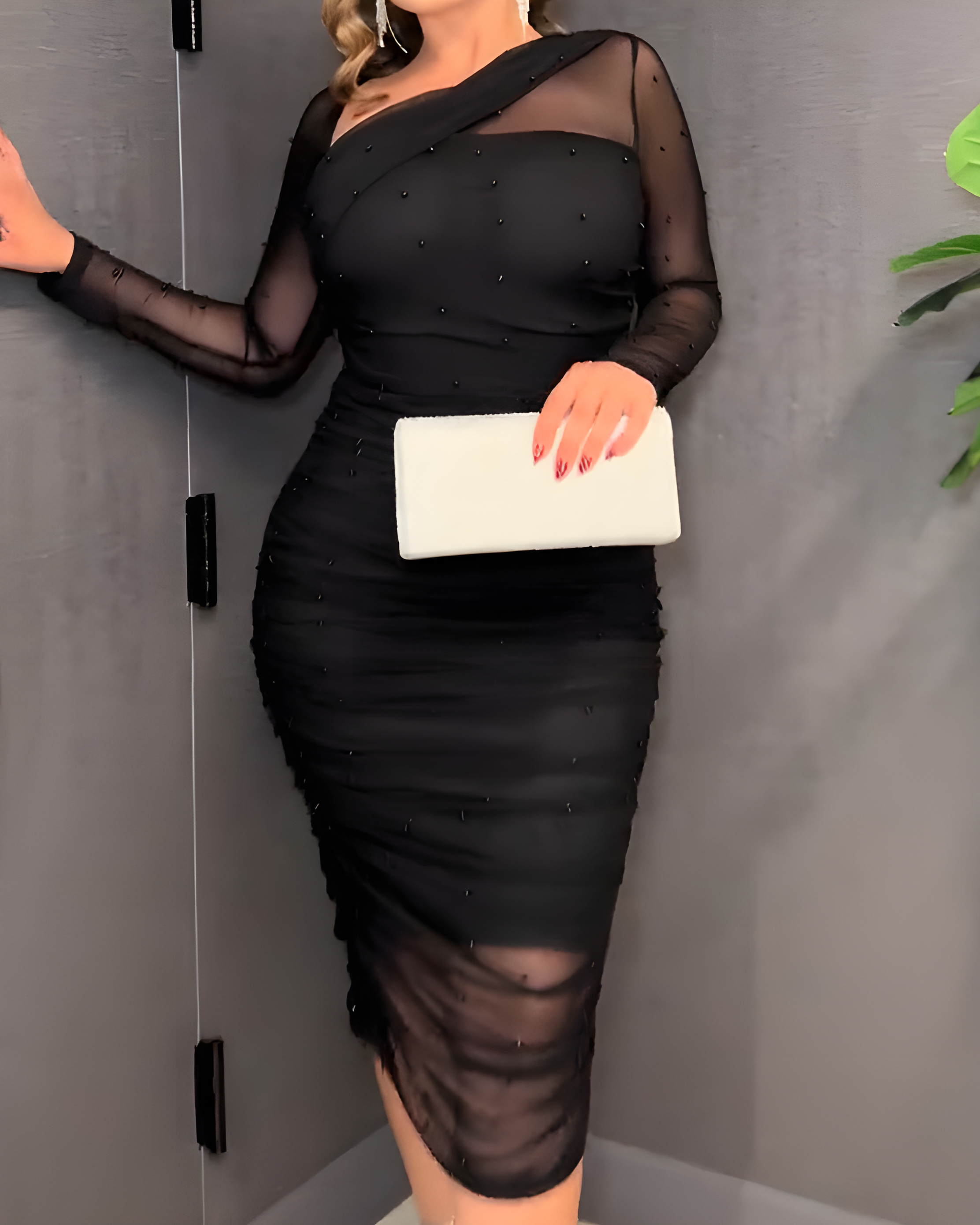 Mesh Long Sleeve Beaded Bodycon Midi Dress