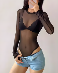 Sheer Mesh Crew Neck Long Sleeve Thong Bodysuit