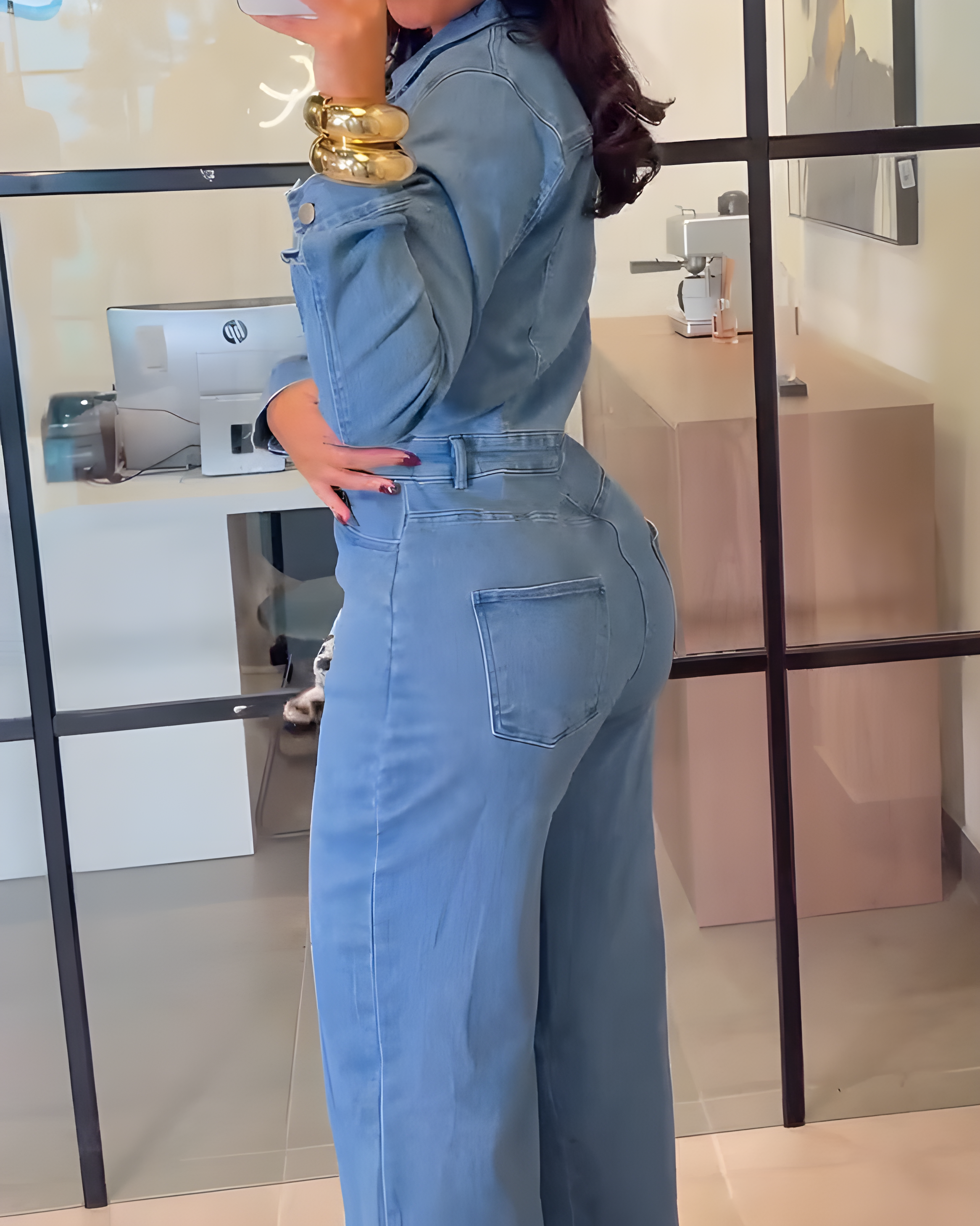 Long-Sleeved Wide-Leg Denim Jumpsuit