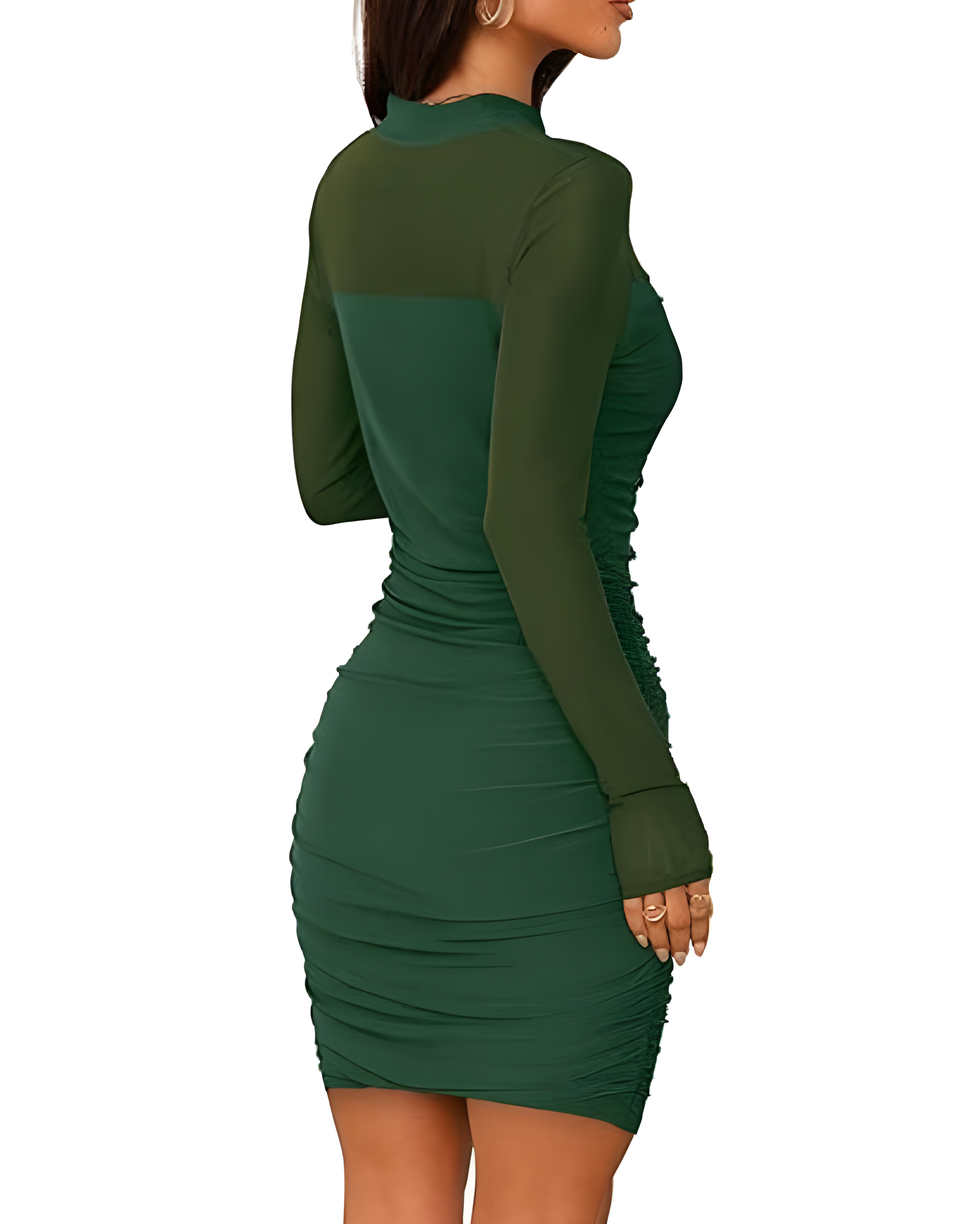Sheer Mesh Long Sleeve Ruched Bodycon Dress