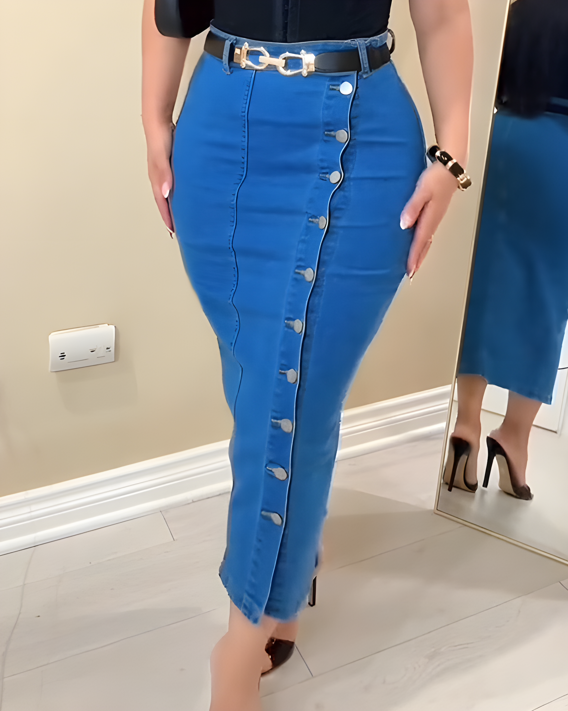 Side-Breasted Slim-Fit Denim Skirt
