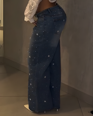 Shiny Beaded Slim-Fit Wide-Leg Jeans