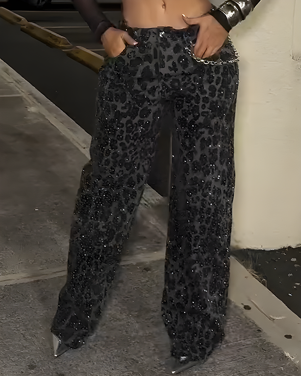 Sparkling Rhinestones Leopard-Print Wide-Leg Jeans