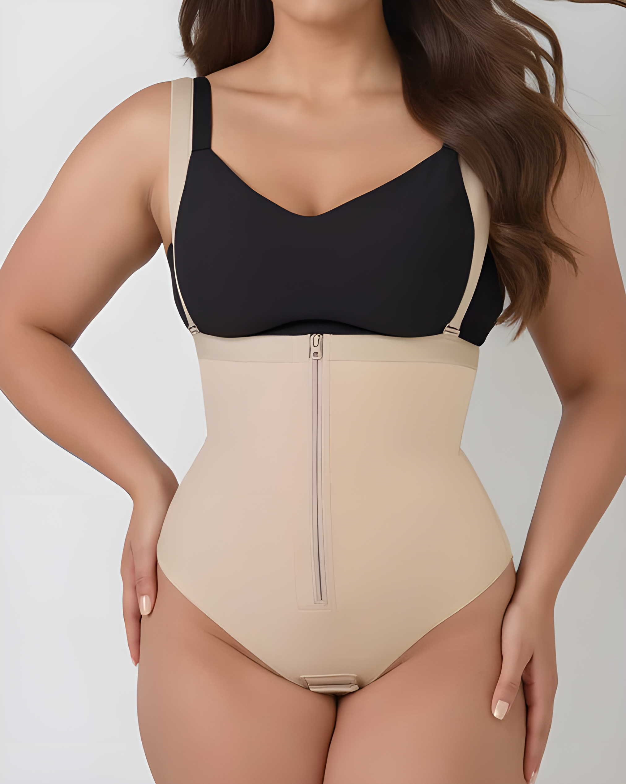 Front Zipper Thong Body Shaper with Straps