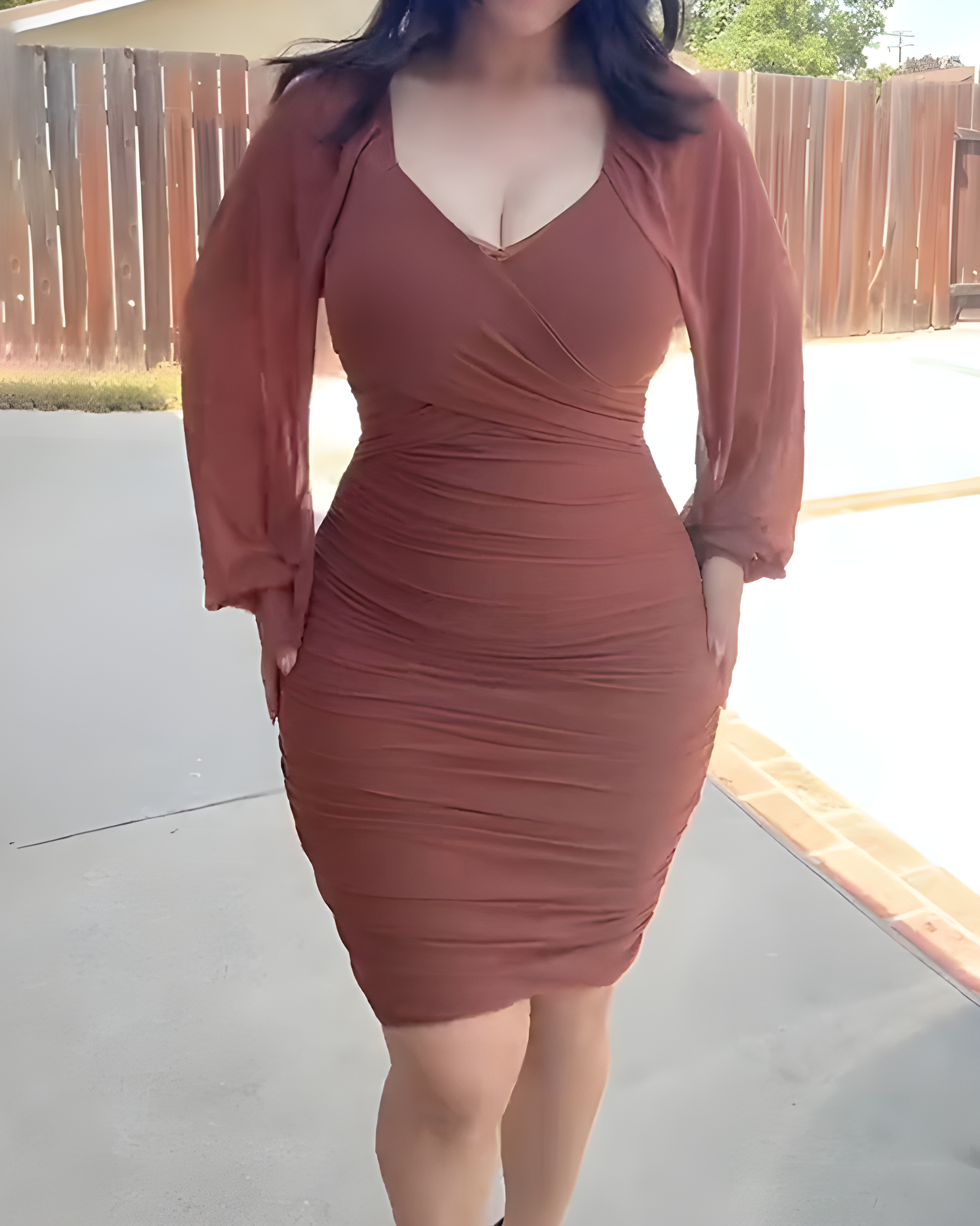 Puff Sleeve V-Neck Mesh Ruched Bodycon Dress