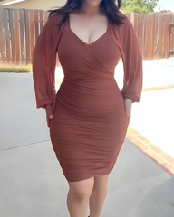 Puff Sleeve V-Neck Mesh Ruched Bodycon Dress