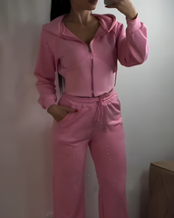 Sparkling Rhinestone Casual Hooded Cardigan Pants Set