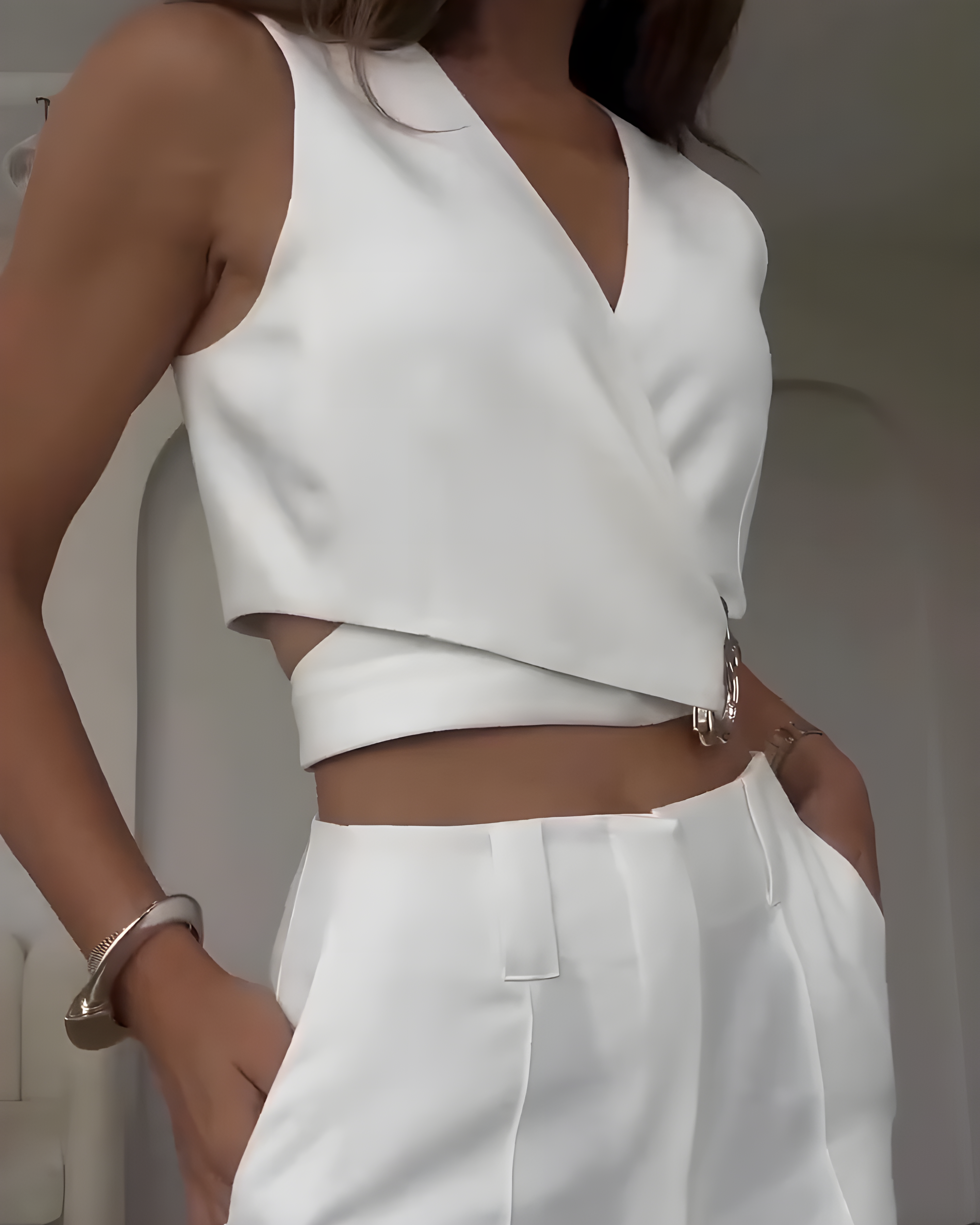 Cross-Over Slim-Fit Sleeveless Vest Wide-Leg Pants Set