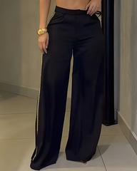 Metal Chain Trim Wide-Leg Casual Pants