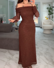 Off-the-Shoulder Shiny Flared Long-Sleeved Mesh Dress