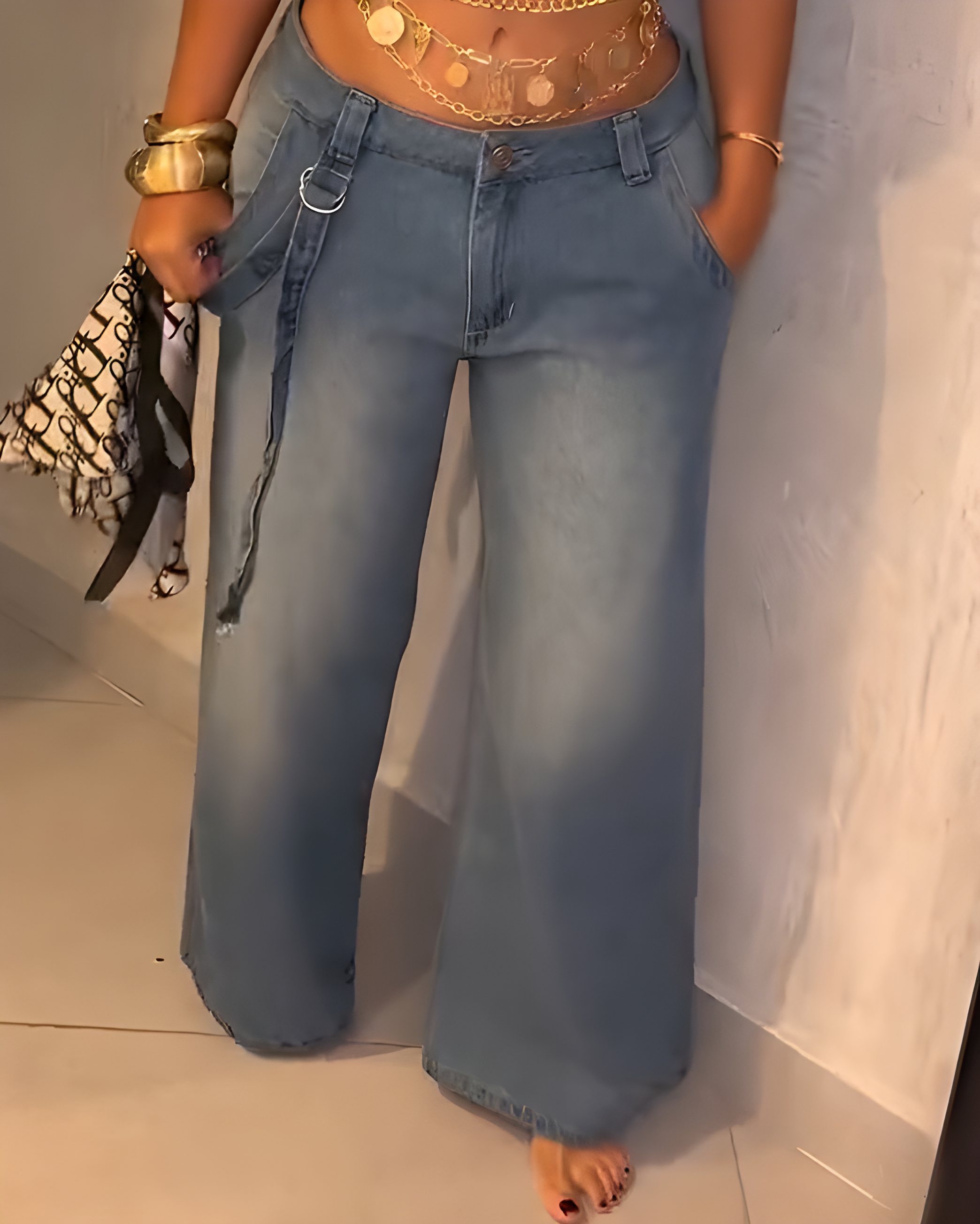 Slim Cargo Style Wide-Leg Denim Jeans