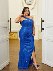 Plus Size Cutout One Shoulder Sequin Blue Prom Dress