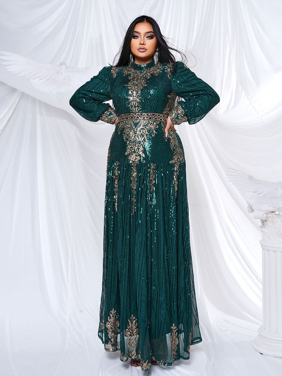 Plus Stand Collar Sequin A-line Dress