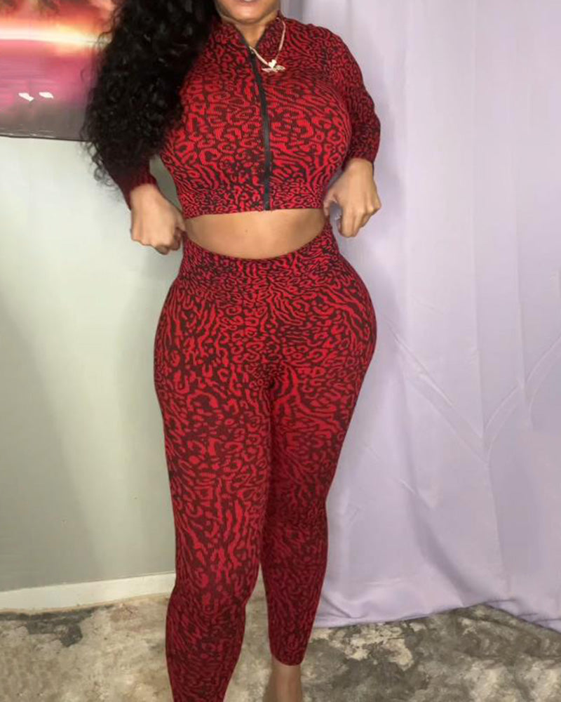 Leopard Zip-up High Waist Long Sleeve Trousers Two-piece Set