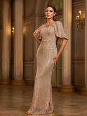 Puncho Back Puff Sleeve Sequin Evening Dress