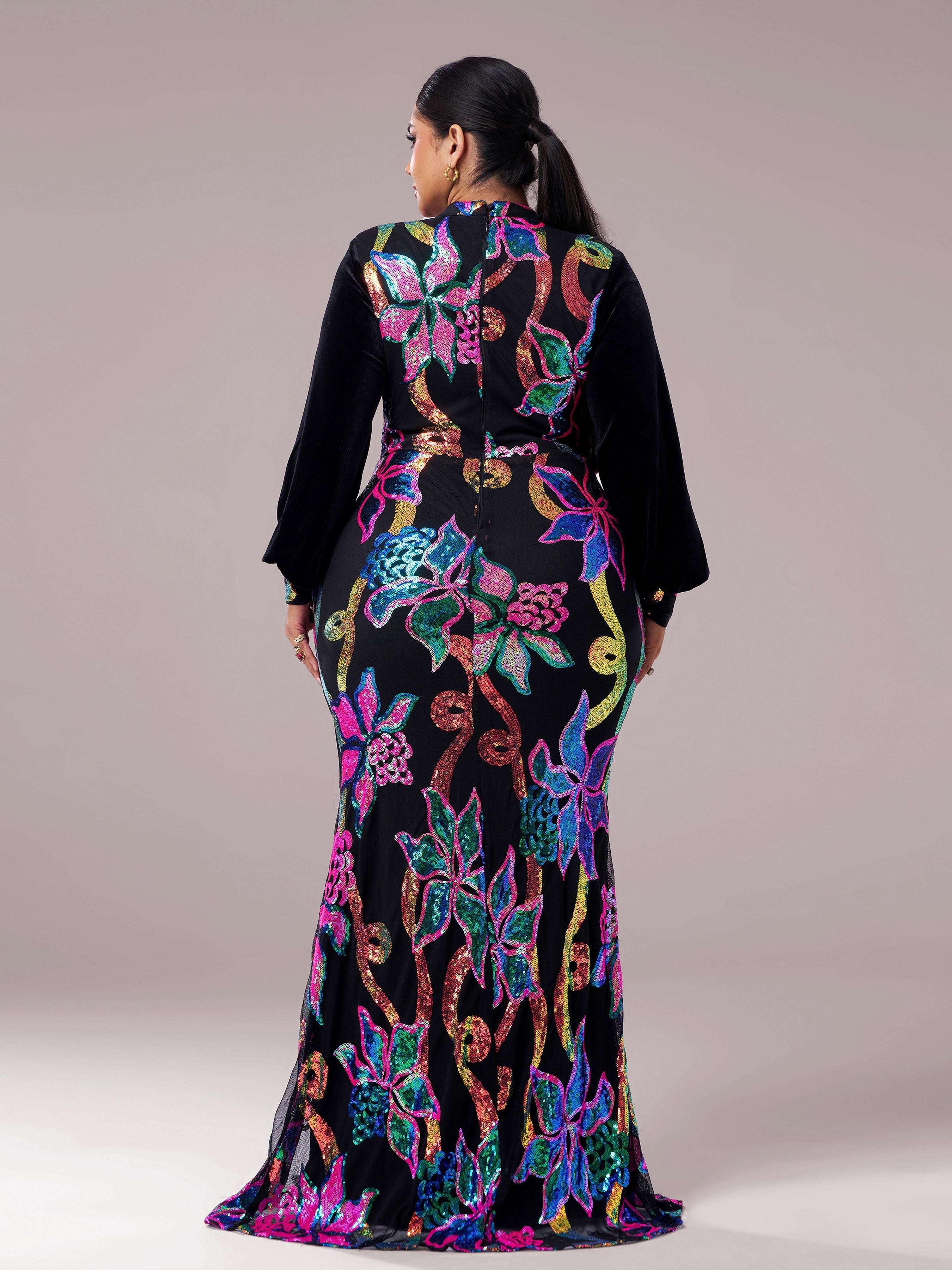 Plus Cutout Lantern Sleeve Mermaid Dress