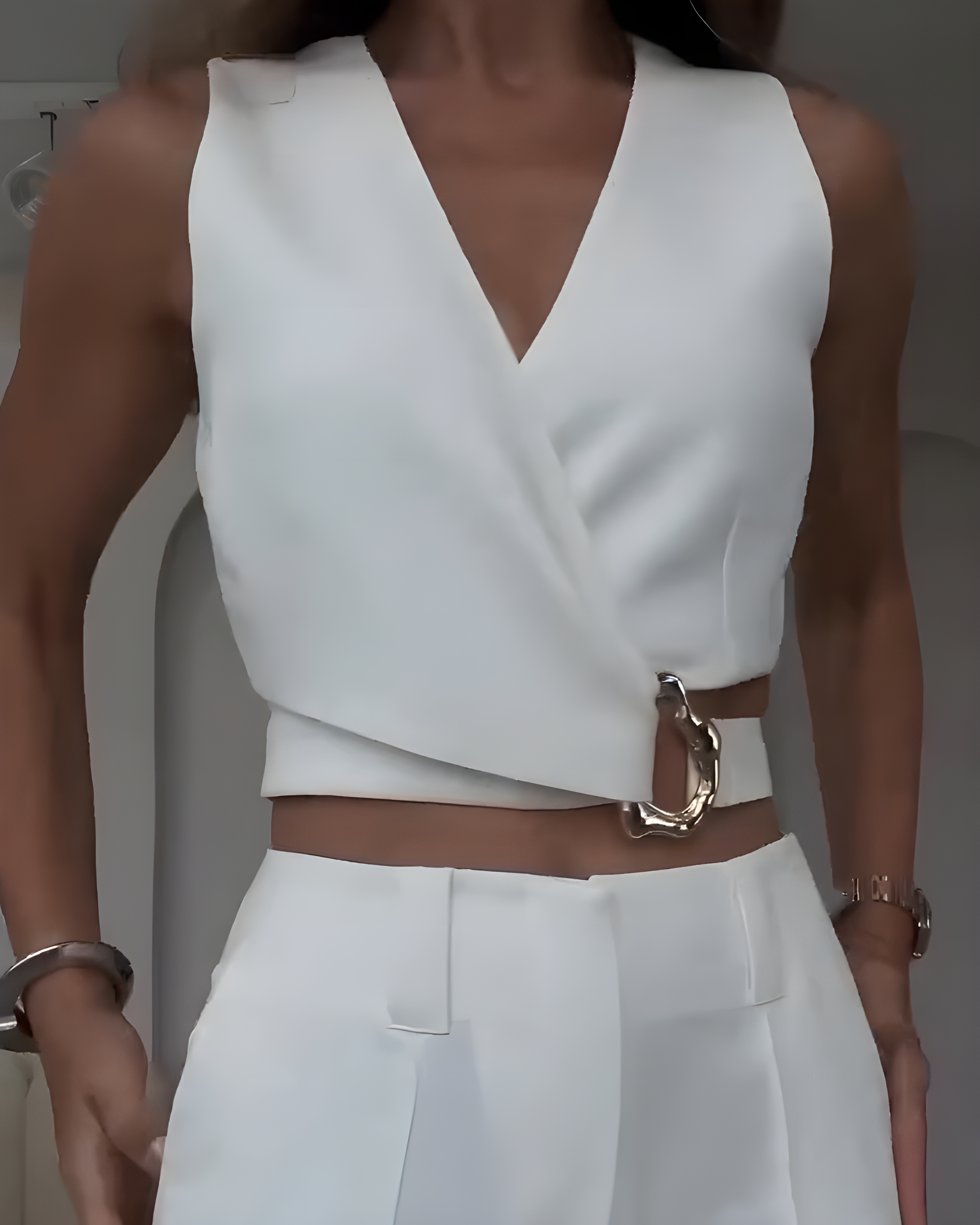 Cross-Over Slim-Fit Sleeveless Vest Wide-Leg Pants Set