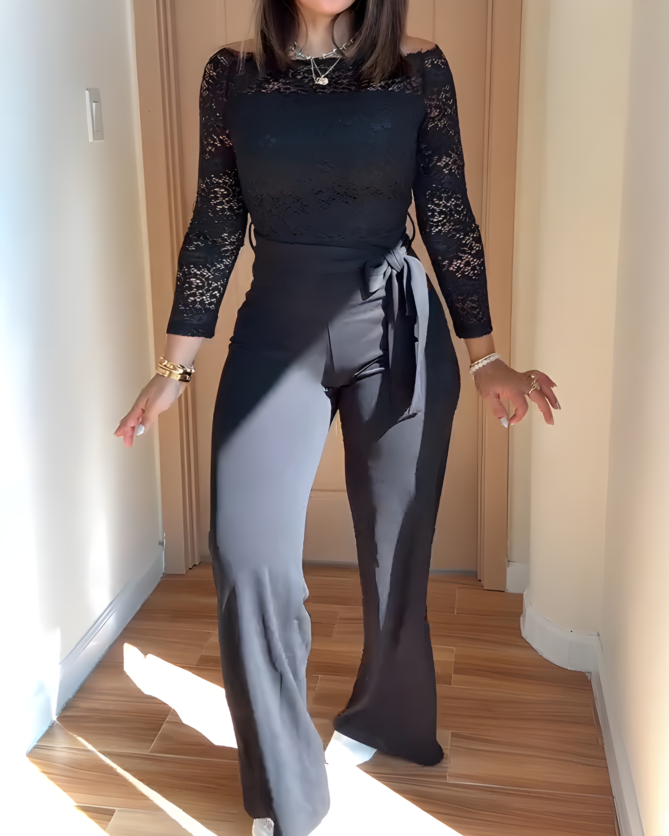 Lace-Paneled Off-the-Shoulder Long-Sleeved Bodycon Jumpsuit
