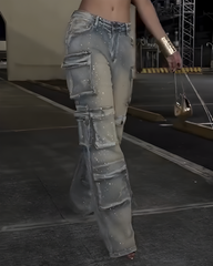 Cargo Style Rhinestone Jeans