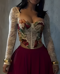 Printed Lace Panel Long Sleeve Corset Top