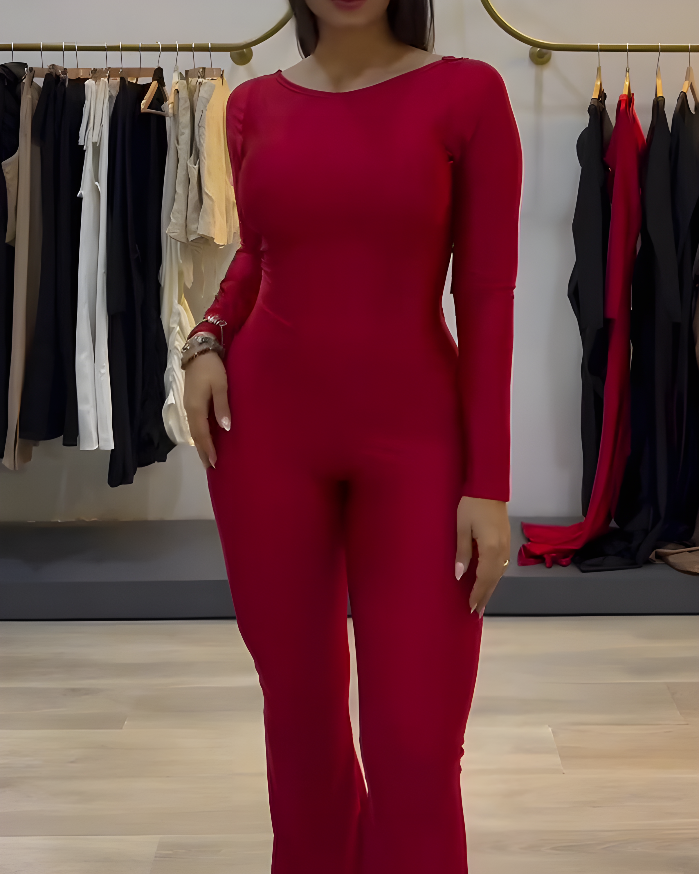 Long-Sleeved Bodycon Flare Jumpsuit
