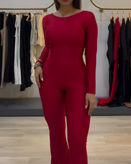 Long-Sleeved Bodycon Flare Jumpsuit